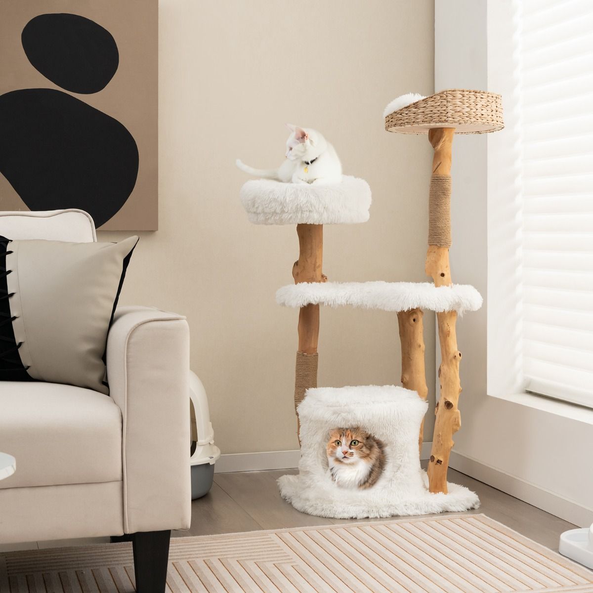 Arbre à chat Coast - Bois massif et jute - 5 niveaux - Naturel et blanc - 124 cm