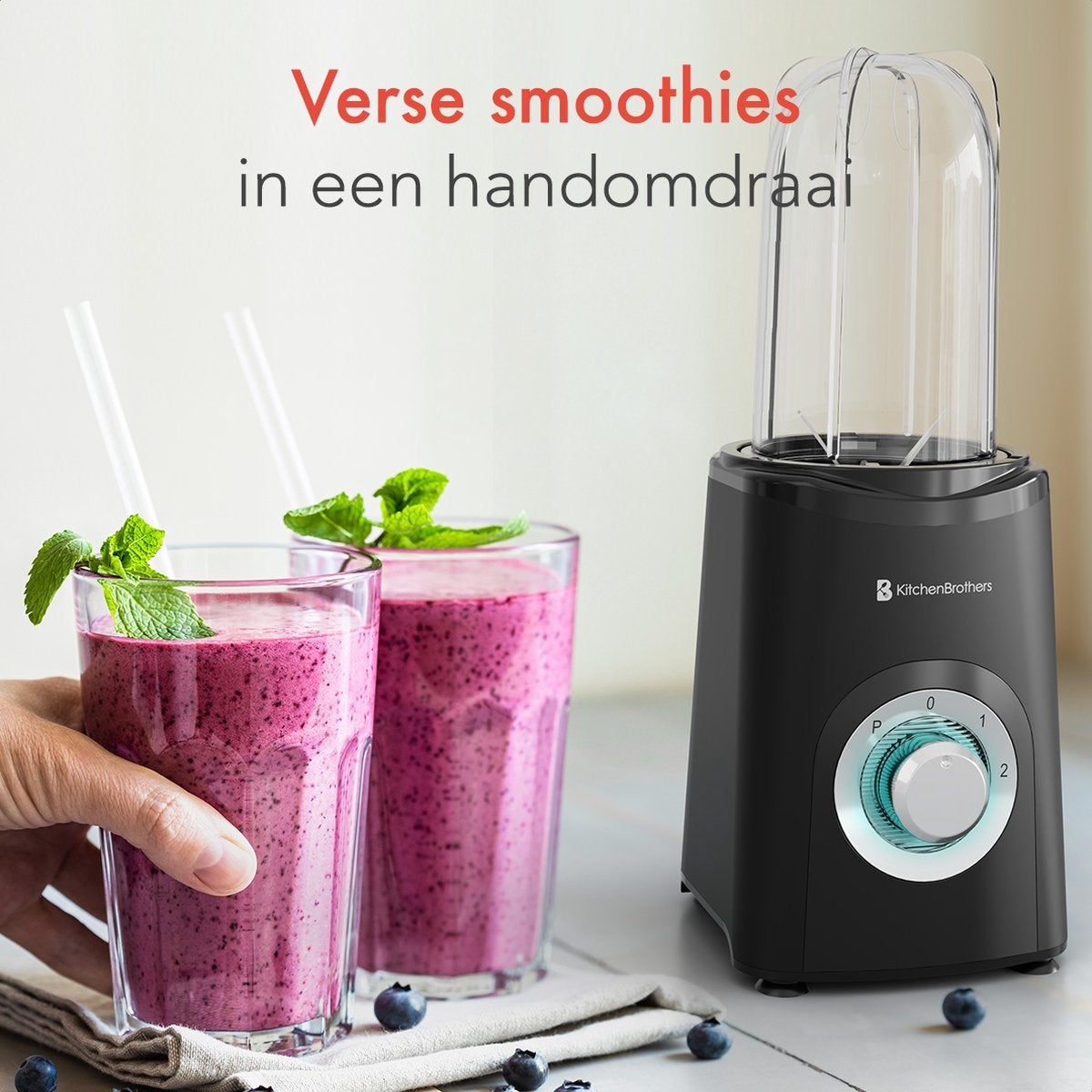 Blender - KitchenBrothers - 2-en-1 - 350 W - 4 tasses 600 ml/300 ml - Smoothie  - Mini Blender - Noir