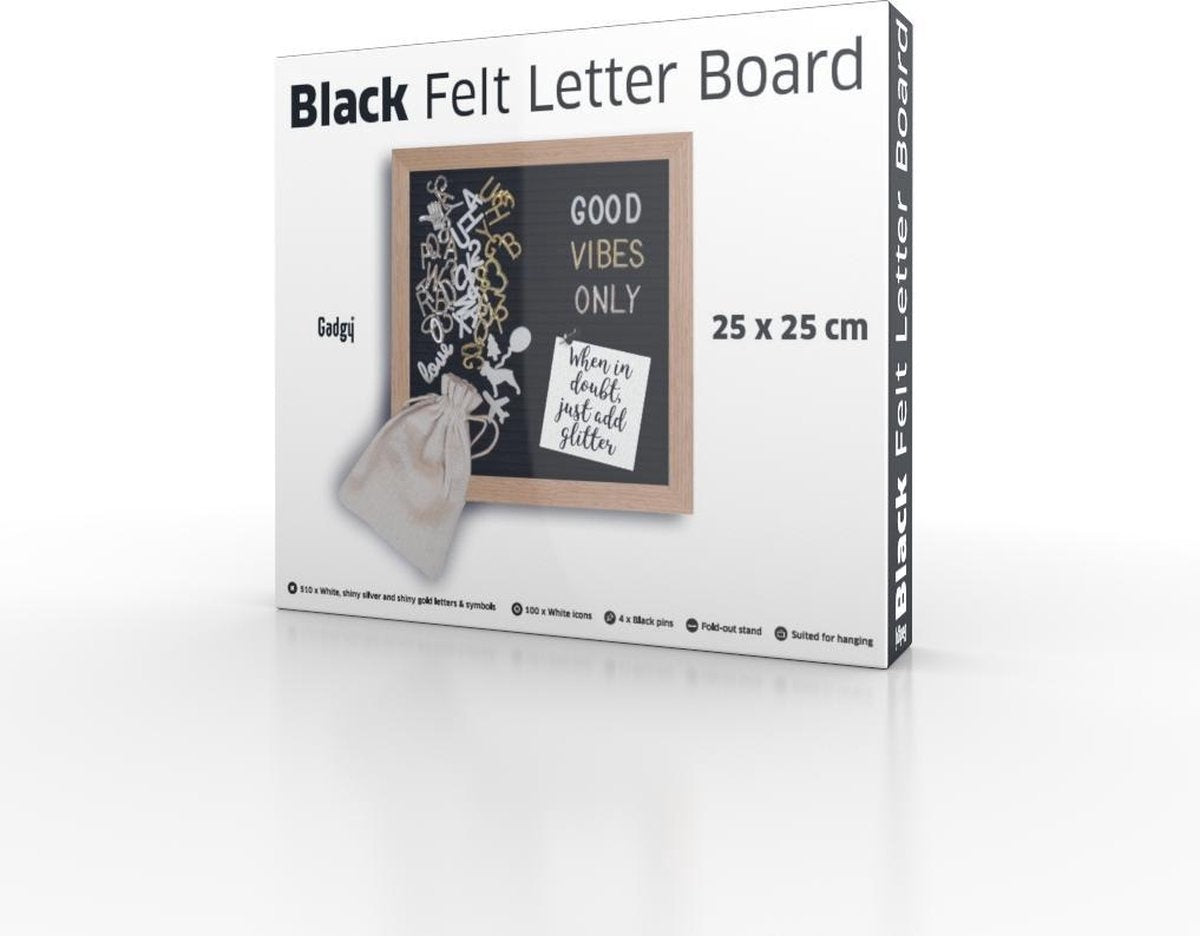 Gadgy Letterbord Zwart Vilt - Houten Lijst 25x25CM - Inclusief 570 Kleuren Letters en 100 Icoontjes - Wanddecoratie Woonkamer - Leuk Cadeau Verjaardag