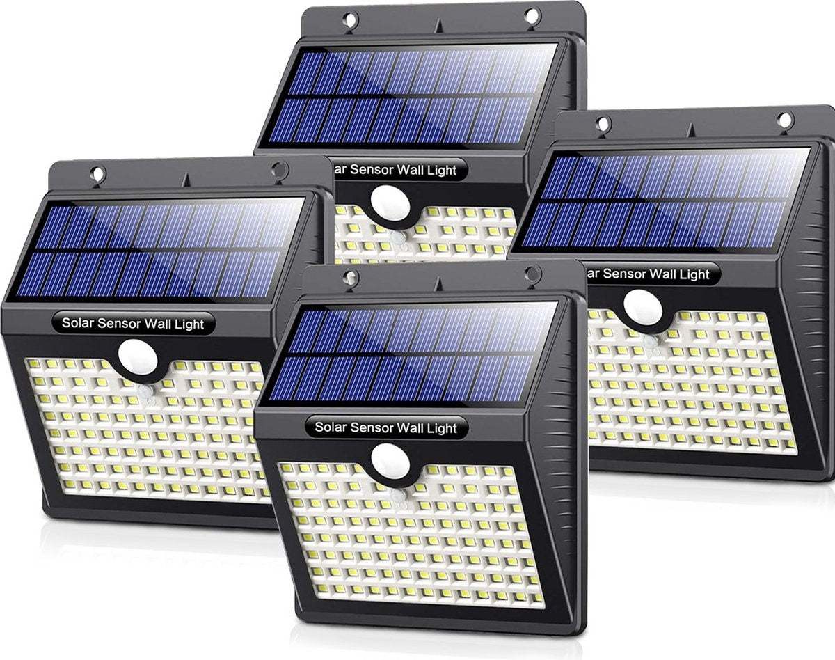 Auronic Lampe solaire d'extérieur avec détecteur de mouvement - Applique murale avec détecteur - Solaire - 97 LED - IP65 - 4 pièces - Noir