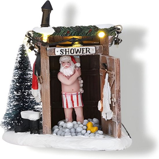 Luville Village de Noël miniature : Père Noël nu - Décorations de Noël pour votre village de Noël - Décorations de Noël d'intérieur - Guirlande lumineuse avec éclairage blanc chaud - L 10 x l 8,5 x H 11 cm