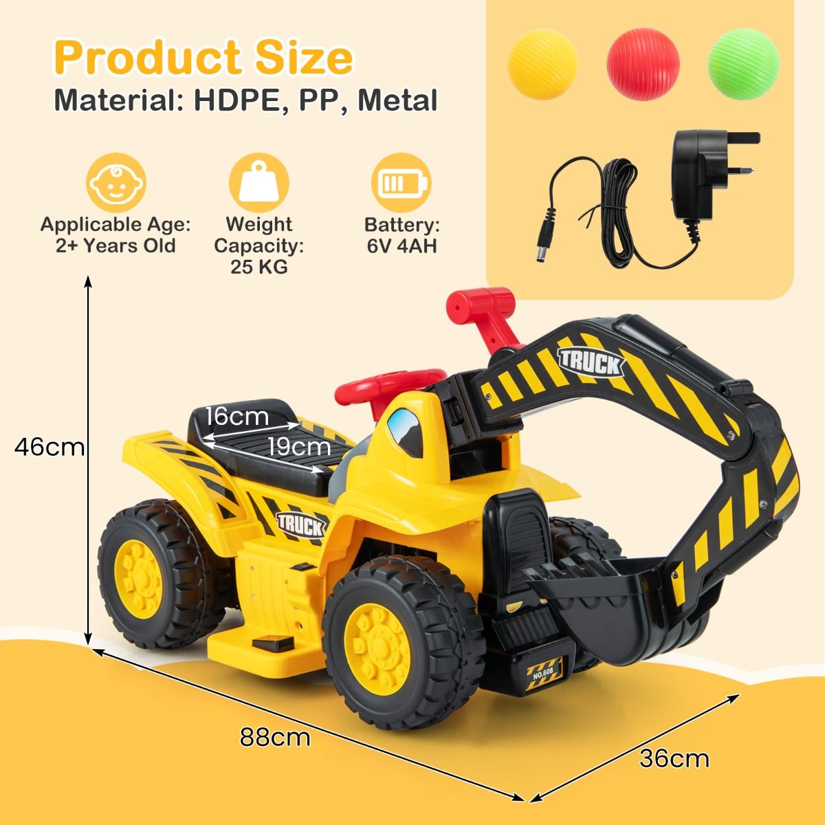 Pelleteuse électrique Coast pour enfants - Avec godet orientable - Effets sonores - Jaune et noir