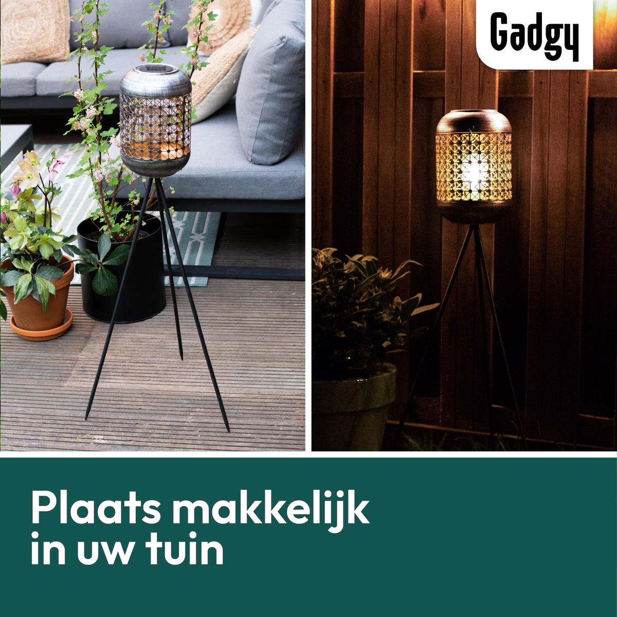 Gadgy Solar Tuinverlichting Staande Lamp Terras - Buitenlamp Zonne Energie Balkon & Tuin - Driepoot Tuinlamp Led Buiten - Tuinverlichting op Zonneenergie - Lantaarn voor Buiten Verlichting - Tuinlampen - Zilver / Zwart / Goud