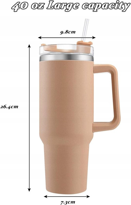Gobelet isotherme sans marque, 1200 ml, en acier inoxydable, avec paille et poignée - Nude