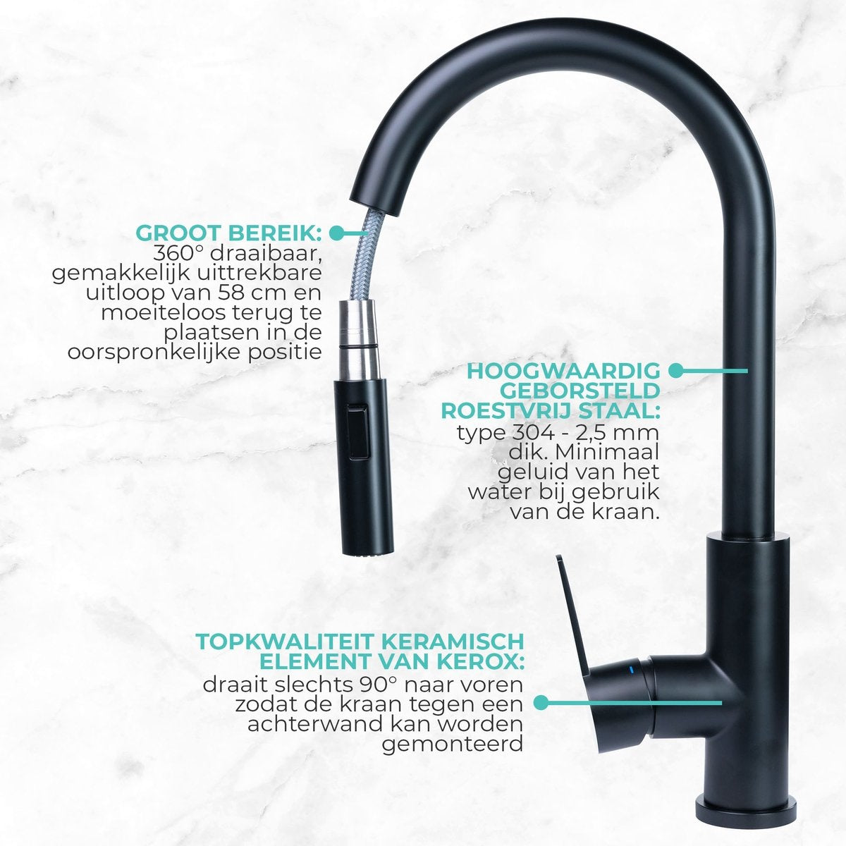 Mizzo Trigo Robinet de cuisine avec douchette extractible - Mélangeur haut 44 cm - Mat - Noir