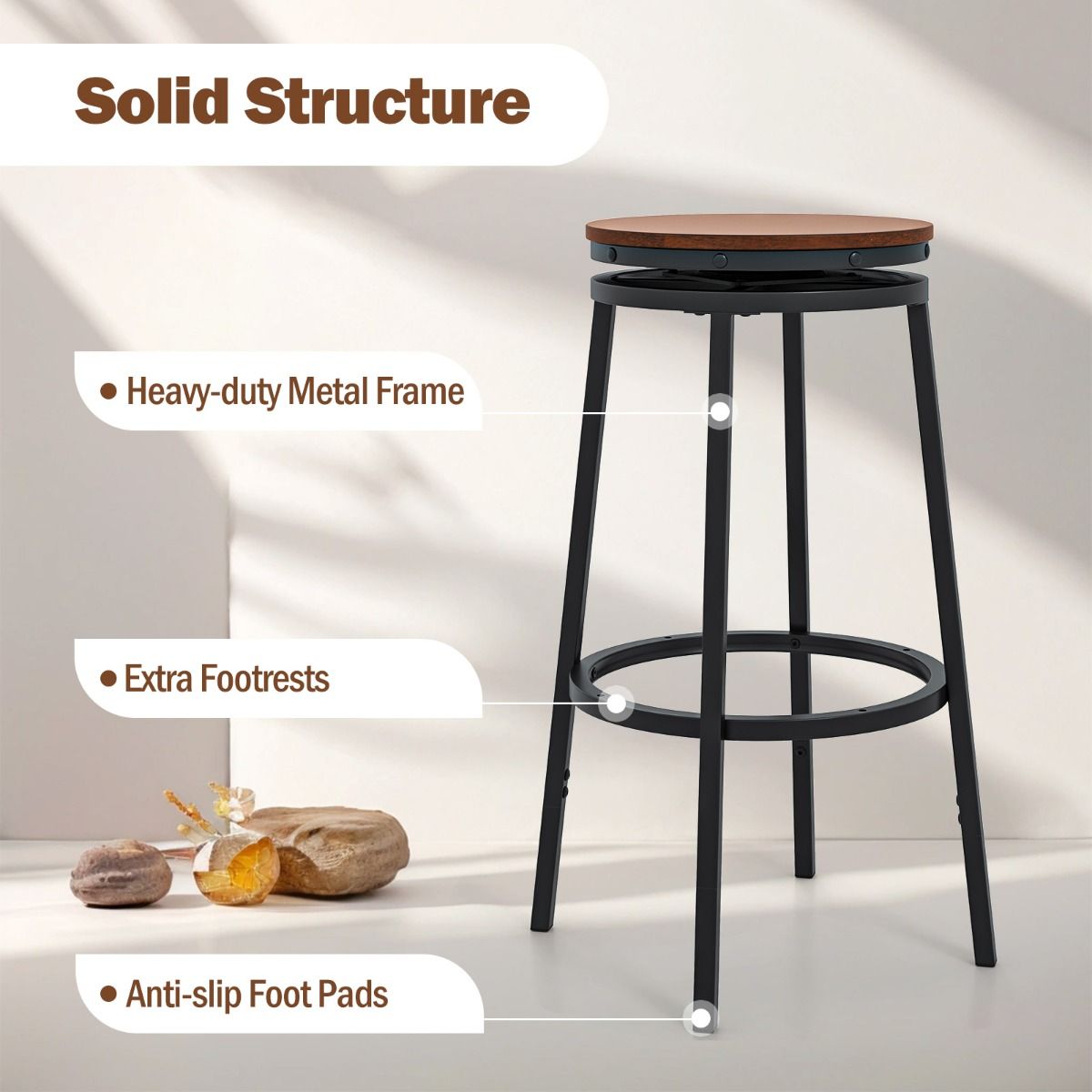 Lot de 2 tabourets de bar Coast - hauteur réglable - pivotants à 360° - marron rustique et noir