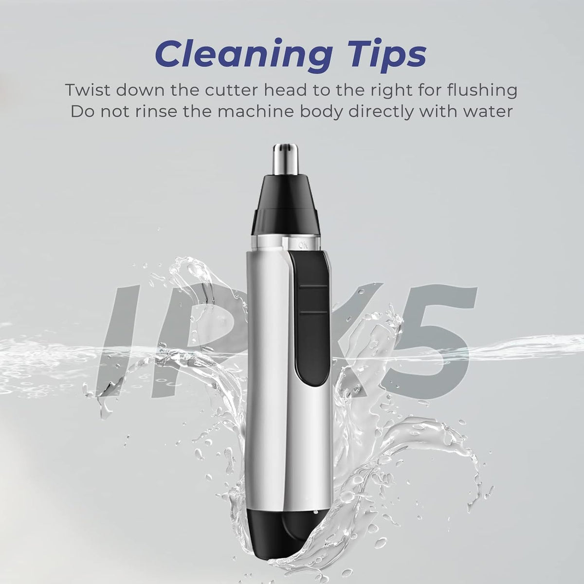 Tondeuse pour nez et oreilles KENASTA – Tête de coupe en acier inoxydable – Résistante à l'eau – Noir/Argent
