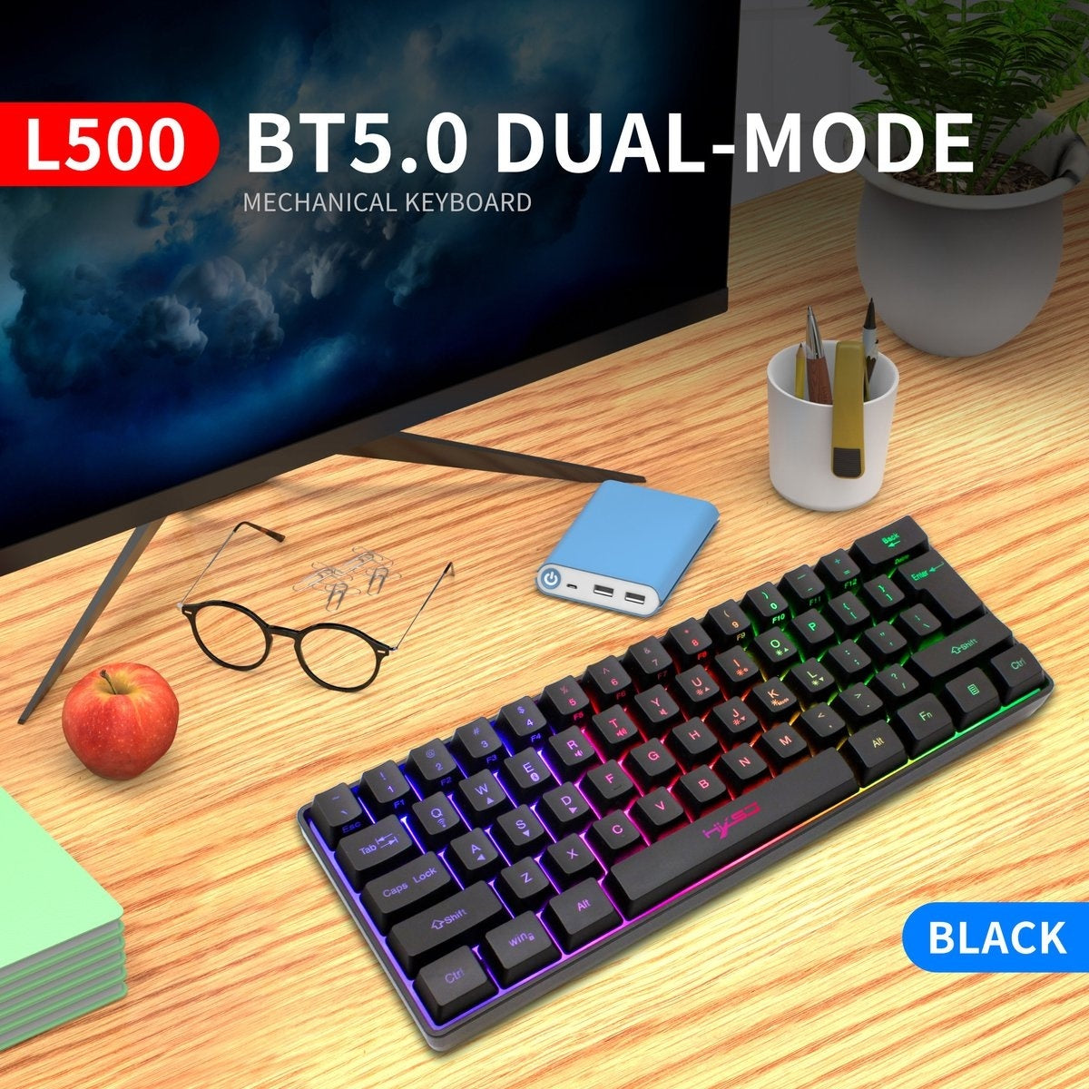 HXSJ L500 RGB Membrane Wireless gaming keyboard - Dual mode (Bluetooth / 2.4G) - 61keys - Qwerty
