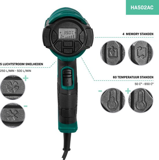 VONROC PRO Pistolet à air chaud - 2000W - Ecran LCD - 650°C - 500L/min - Accessoires inclus