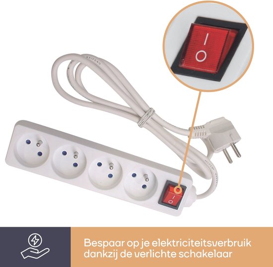 Multiprise Perel avec interrupteur, 4 prises avec broche de terre (type E), câble de 3 m, 3G1,5, usage intérieur, blanc