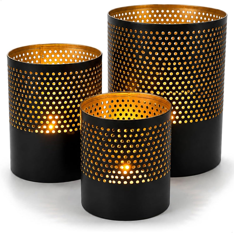 com-four® Lot de 3 lanternes en métal – Noir/Or – 7,5, 10 et 13 cm