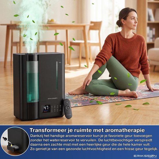Humidificateur Erikssøn Elite - 8 litres - Adapté au salon, au bureau, à la chambre à coucher, à la chambre de bébé - Humidificateur - Avec fonction d'aromathérapie - Noir