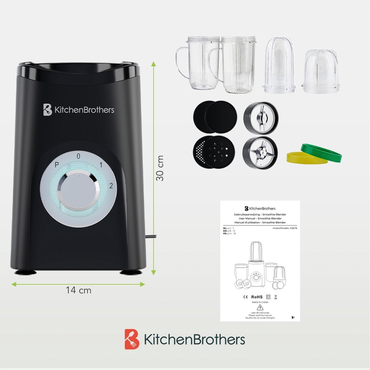 Blender - KitchenBrothers - 2-en-1 - 350 W - 4 tasses 600 ml/300 ml - Smoothie  - Mini Blender - Noir