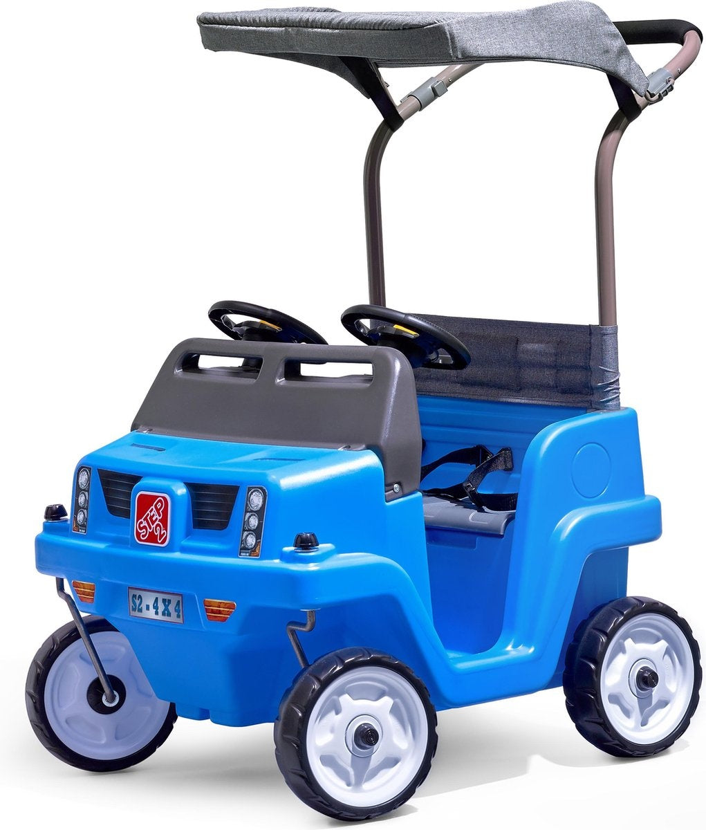 Step2 walking car Side-By-Side Push Around SUV in Blue - Voiture à pousser pour 2 enfants - Auvent pour l'ombre - Voiture à pousser avec barre de poussée et auvent - Pour les enfants à partir de 2 ans