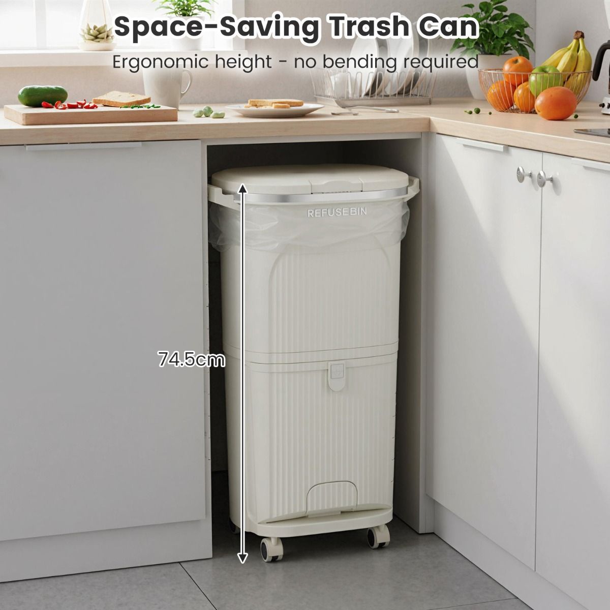 Poubelle de tri sélectif Coast sur roulettes - 3 compartiments - Pédale et bouton-poussoir - Beige - 38 litres