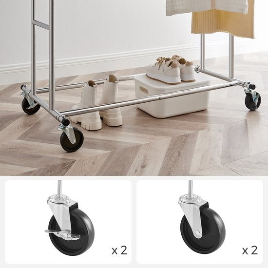 O'DADDY® Clothes Rack - Support de penderie - Double tige - Extensible et ajustable - Design stable - Capacité de charge de 110 kg - Métal - Argent