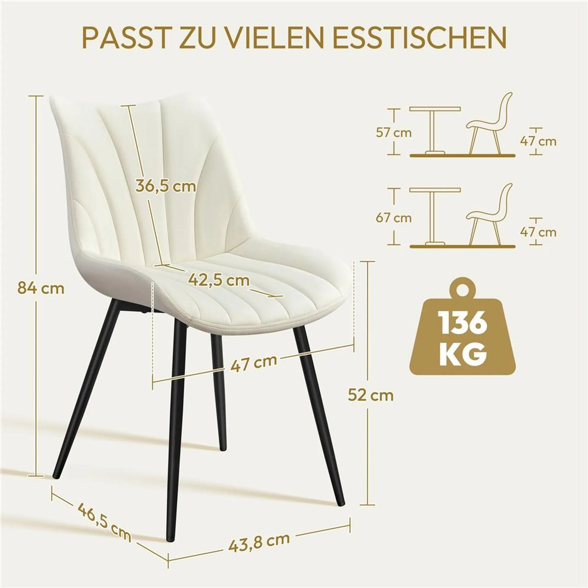 Yaheetech Lot de 2 chaises de salle à manger 47 x 58 x 84 cm – Beige – Polyester et métal