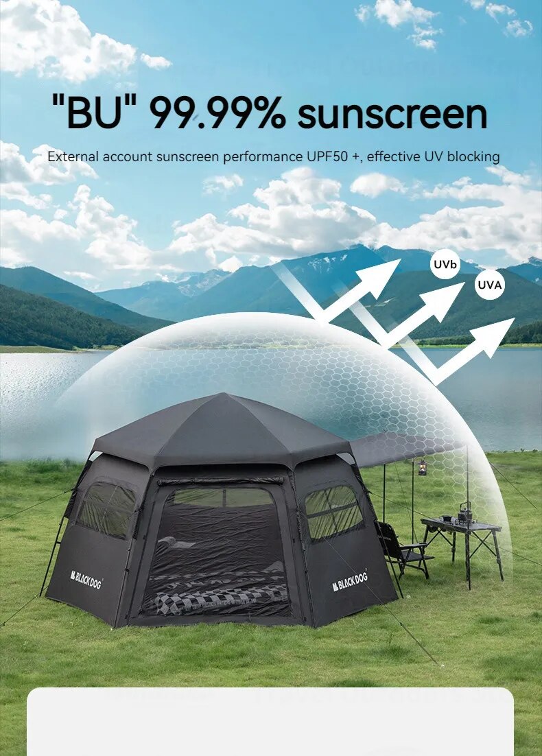 Tente automatique Blackdog Hexagon CBD2300QT012 – 12,5 m² – UPF50+ – PU 3 000 mm – Noir
