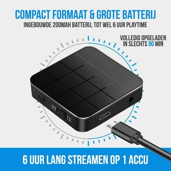 Adaptateur Bluetooth 2-en-1 – Strex – Émetteur + récepteur – Jack 3,5 mm – 200 mAh – Noir