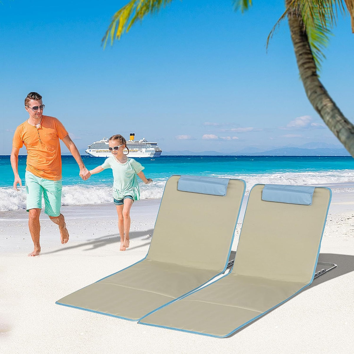 Tapis de plage pliables Outsunny avec dossier réglable - Lot de 2 - 124 x 53 x 35–45 cm - Beige/Bleu