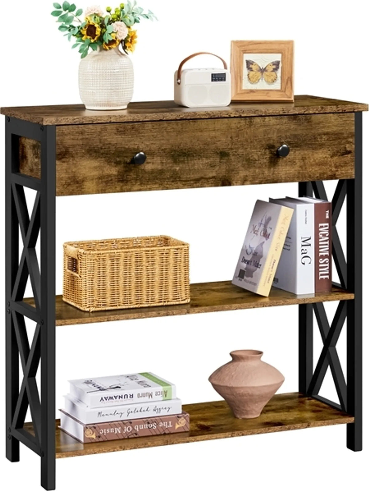 Yaheetech : petite console avec tiroir et 2 étagères - 80 x 29,5 x 81 cm - Brun rouille