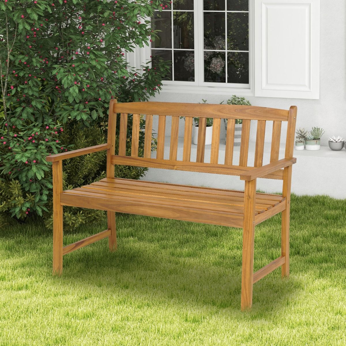 Banc de jardin Coast - Bois d'acacia massif - 2 places - Capacité de charge jusqu'à 360 kg - Finition naturelle - 110 x 56,5 x 86 cm