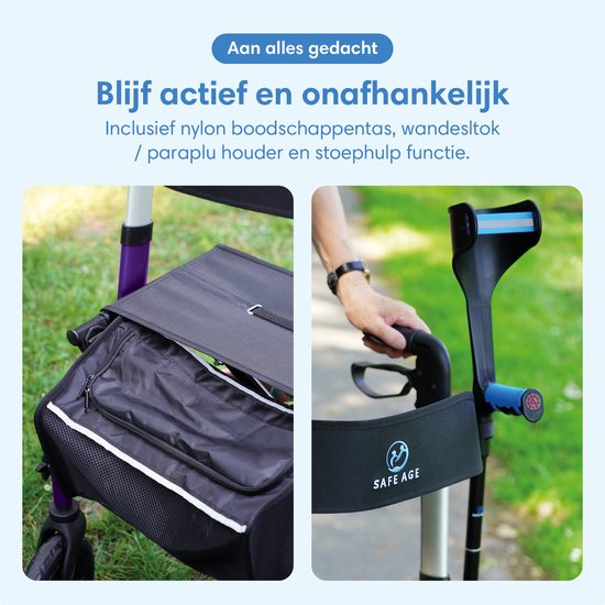 Rollator Safe Age® léger et pliable - Roues en caoutchouc - Siège intégré - Pour l'intérieur et l'extérieur - Dossier et support pour canne - Violet