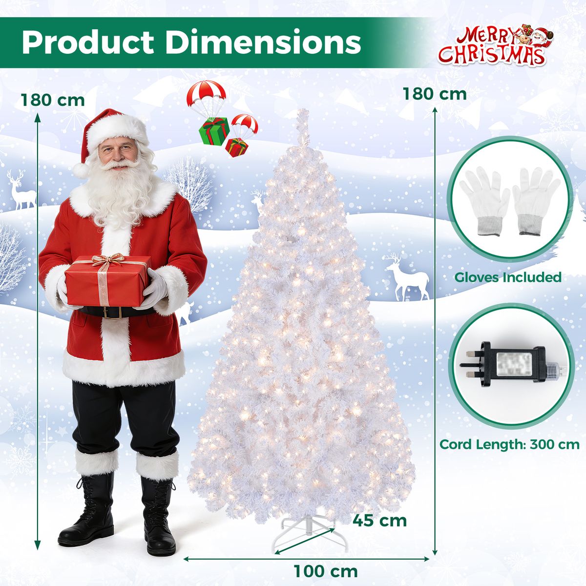 Sapin de Noël artificiel Coast - 180 cm - 230 ampoules LED blanc chaud - 8 modes d'éclairage - Effet neige