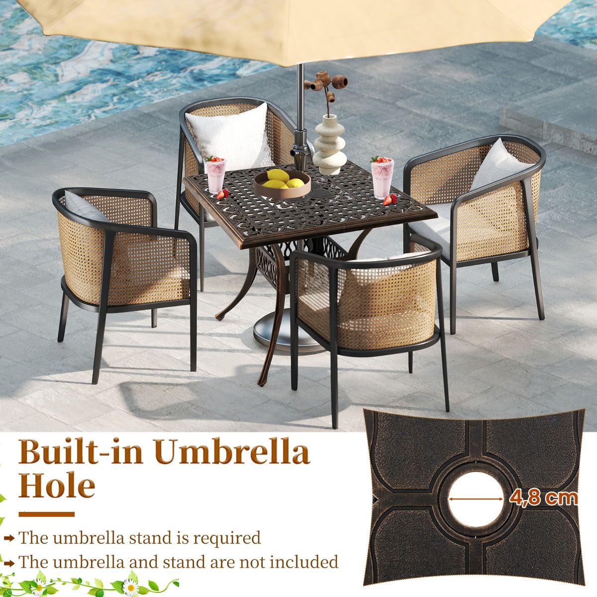 Table de terrasse carrée Coast - Aluminium moulé - Trou pour parasol de 4,8 cm - Bronze - 80 x 80 x 75 cm