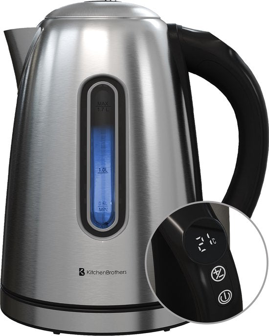 KitchenBrothers Bouilloire - avec contrôle de la température - électrique - avec filtre anti-calcaire - 1,7L - acier inoxydable