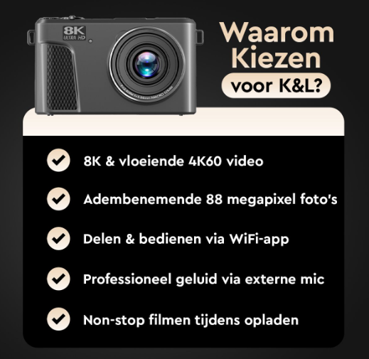 Appareil photo numérique K&L 8K sans carte SD de 128 Go - 88 MP - Zoom 18x - Wi-Fi - Écran UHD 3,0 pouces - Appareil photo pour vlog