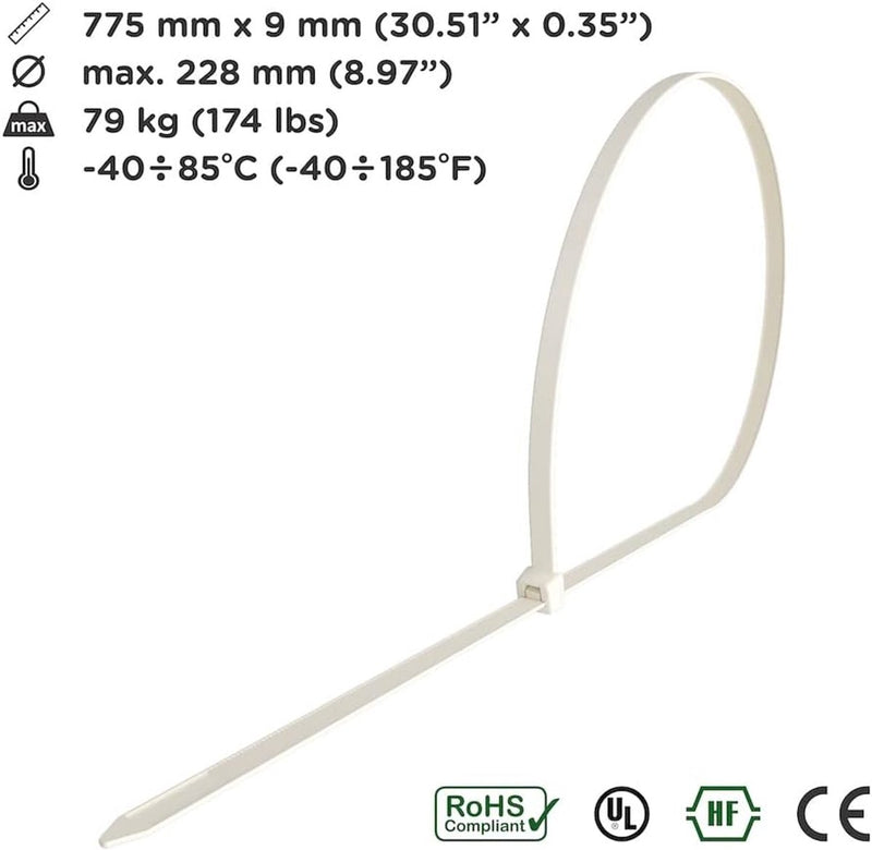 Intervisio - Attaches de câbles extra-longues - Extra-résistantes - Blanches - 775 x 9 mm - 30 pièces