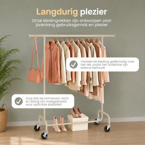 Porte-vêtements O'DADDY® - Porte-vêtements à roulettes - Porte-vêtements en métal - Porte-vêtements - Porte-vêtements - Portemanteau - Tringle à vêtements - Porte-vêtements - Tringle télescopique - Tringle réglable - Stable jusqu'à 130 kg - Beige