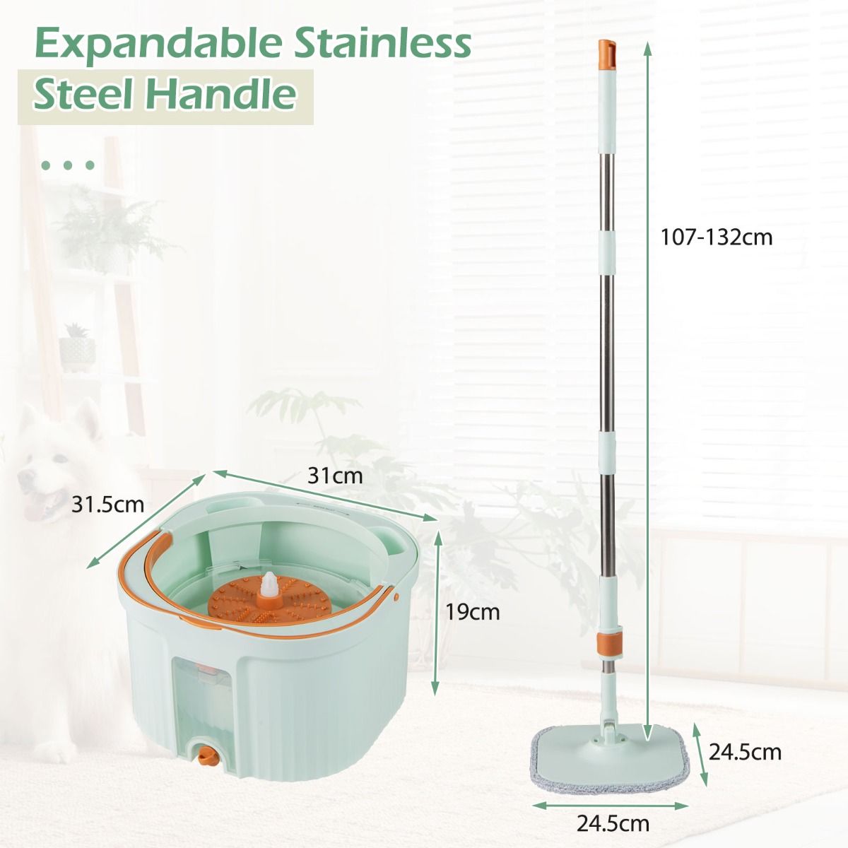 Kit de nettoyage et de seau Coast - Tête de balai à franges pivotante à 360° - Séparation de l'eau propre et de l'eau sale - Vert clair