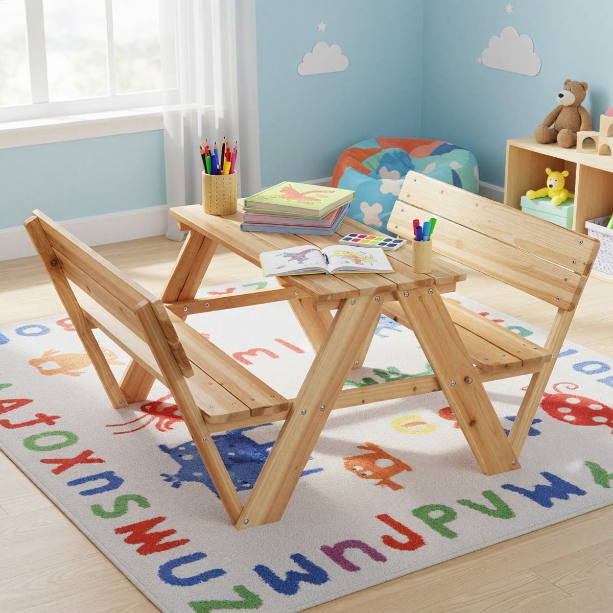 Table de pique-nique pour enfants Coast - ensemble de table et bancs en bois pour tout-petits - avec dossier - couleur naturelle