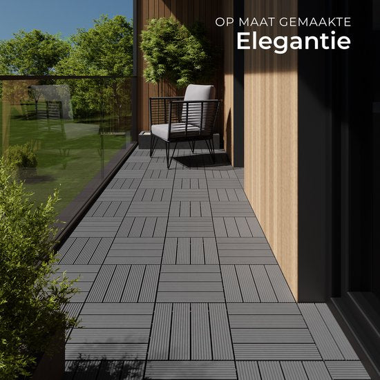 tectake® WPC wood tiles - Dalles aspect bois - Résistant aux intempéries - Sol extérieur - Dalles de sol - Sol de balcon - Dalles de terrasse avec système click - Drain - Lot de 22 - Gris
