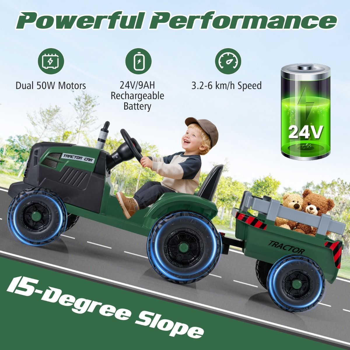 Tracteur électrique pour enfants Coast avec remorque - Double moteur - Télécommande - Vert foncé