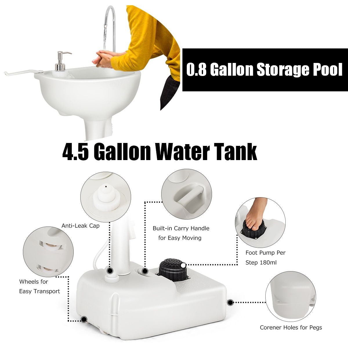 Coast. Evier de camping - Réservoir d'eau de 17 litres - Pompe à pied et porte-serviettes - 51x33x102 cm - Blanc