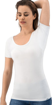 Anti Sweat Shirt - Fibershirts® - Coussinets d'aisselles cousus - Maillot de corps - Blanc - Col rond - Femmes - Taille M