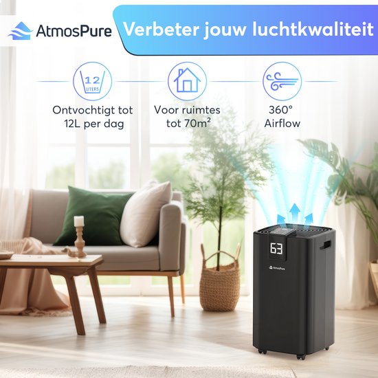 Déshumidificateur AtmosPure® AirDry Elite - 12 L par jour - Fonction « lavage-séchage » - Purificateur d'air idéal pour la buanderie, la salle de bains, le salon et la cave - Noir - Déshumidificateur