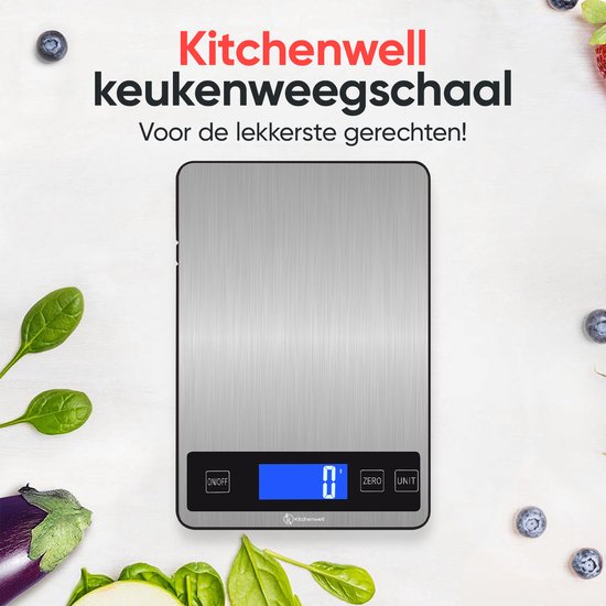 Kitchenwell Balance de cuisine numérique de précision - Balance de cuisine - 1gr - 10kg - Fonction tare - Rechargeable par USB - Gris