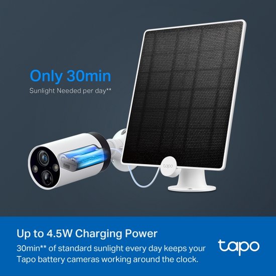 Panneau solaire TP-Link Tapo A200 - Conçu pour les caméras Tapo à batterie - Puissance de charge de 4,5 W - Indice de protection IP65 (résistant aux intempéries) - Câble de 4 m - Rotation à 360 degrés