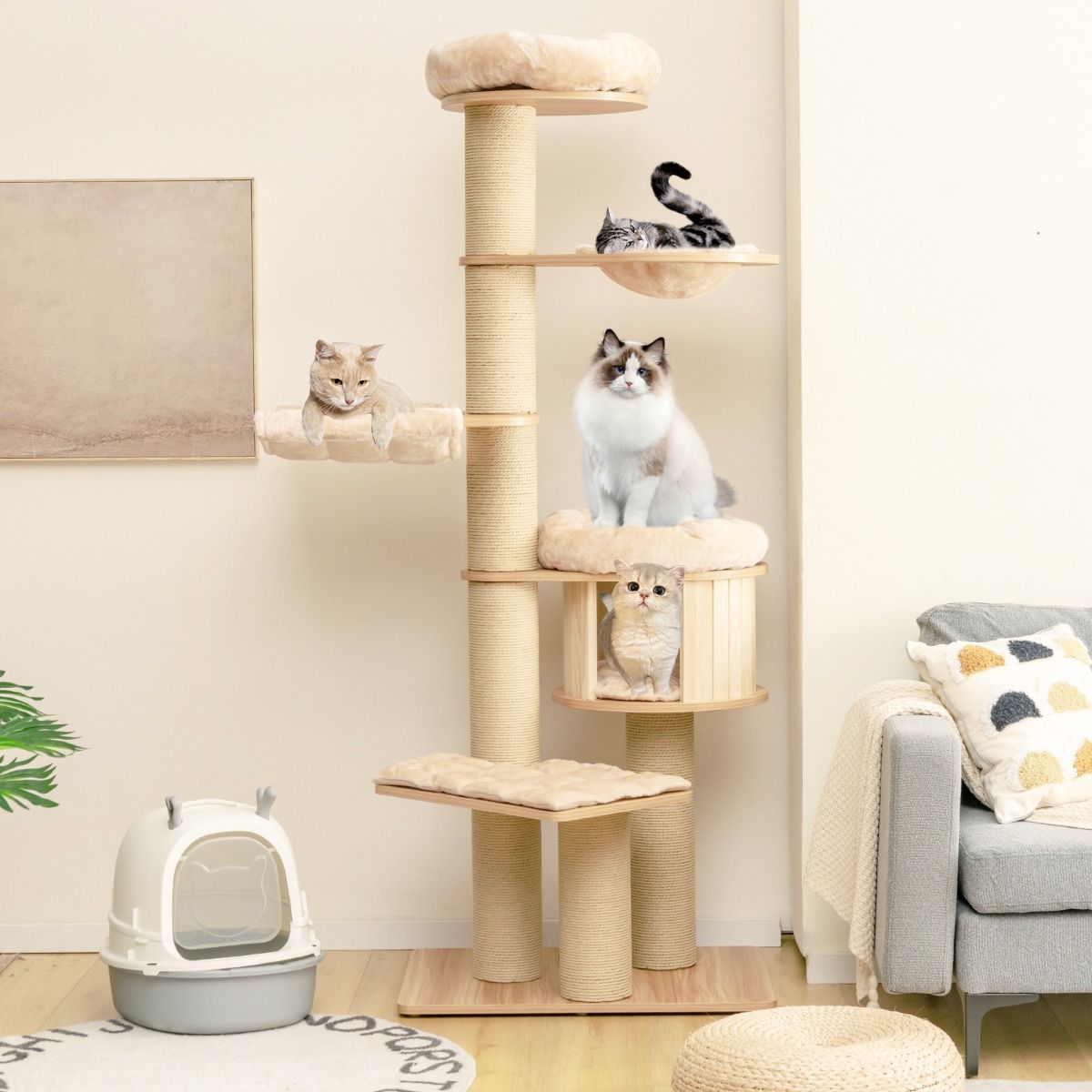 Structure d'escalade pour chats Coast - Plusieurs niveaux - Arbres à griffer et niche - Hamac et tapis lavables - Beige 75 x 56 x 191 cm