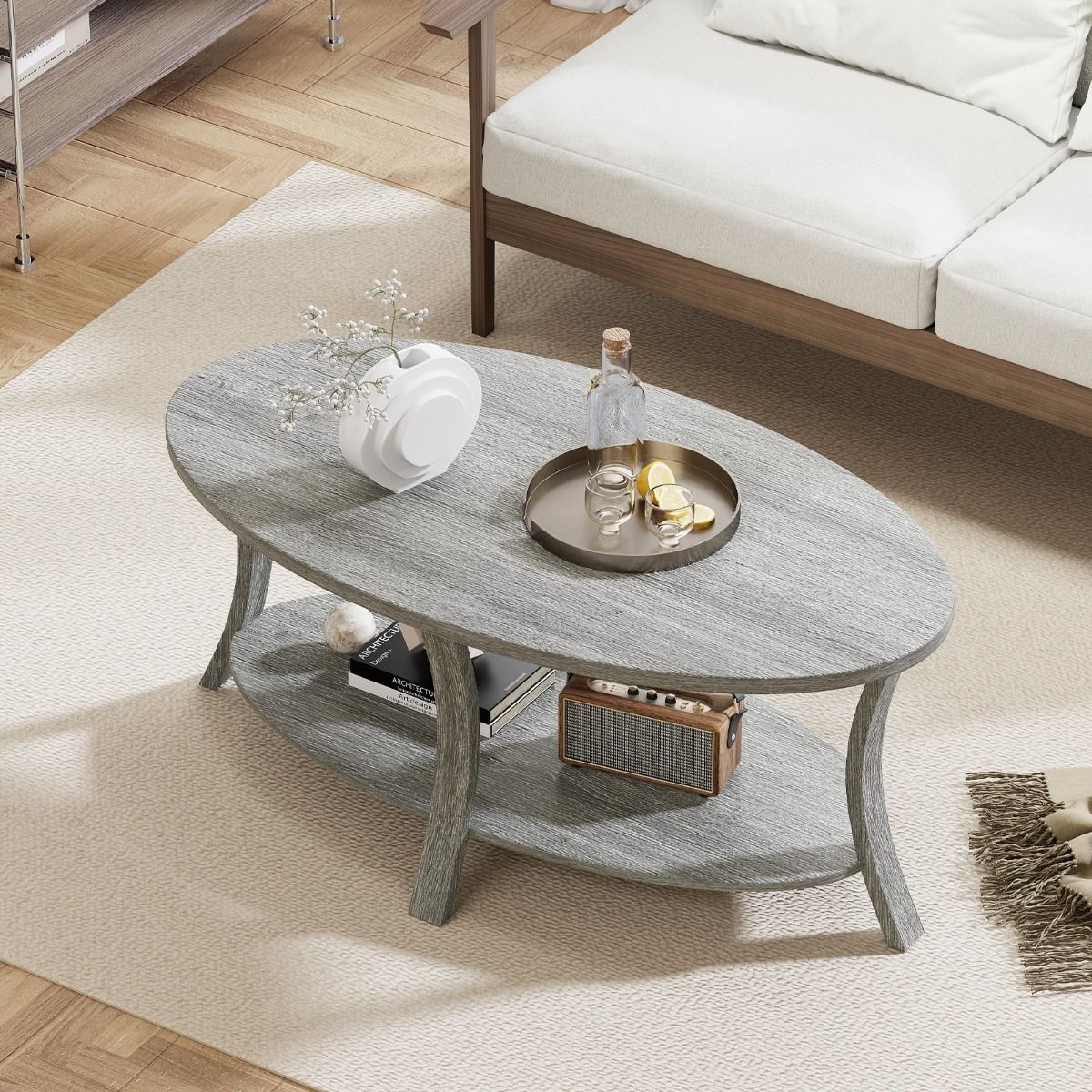 Table basse ovale Coast - 2 niveaux avec espace de rangement - bois d'hévéa - gris - 111 x 60,5 x 47 cm