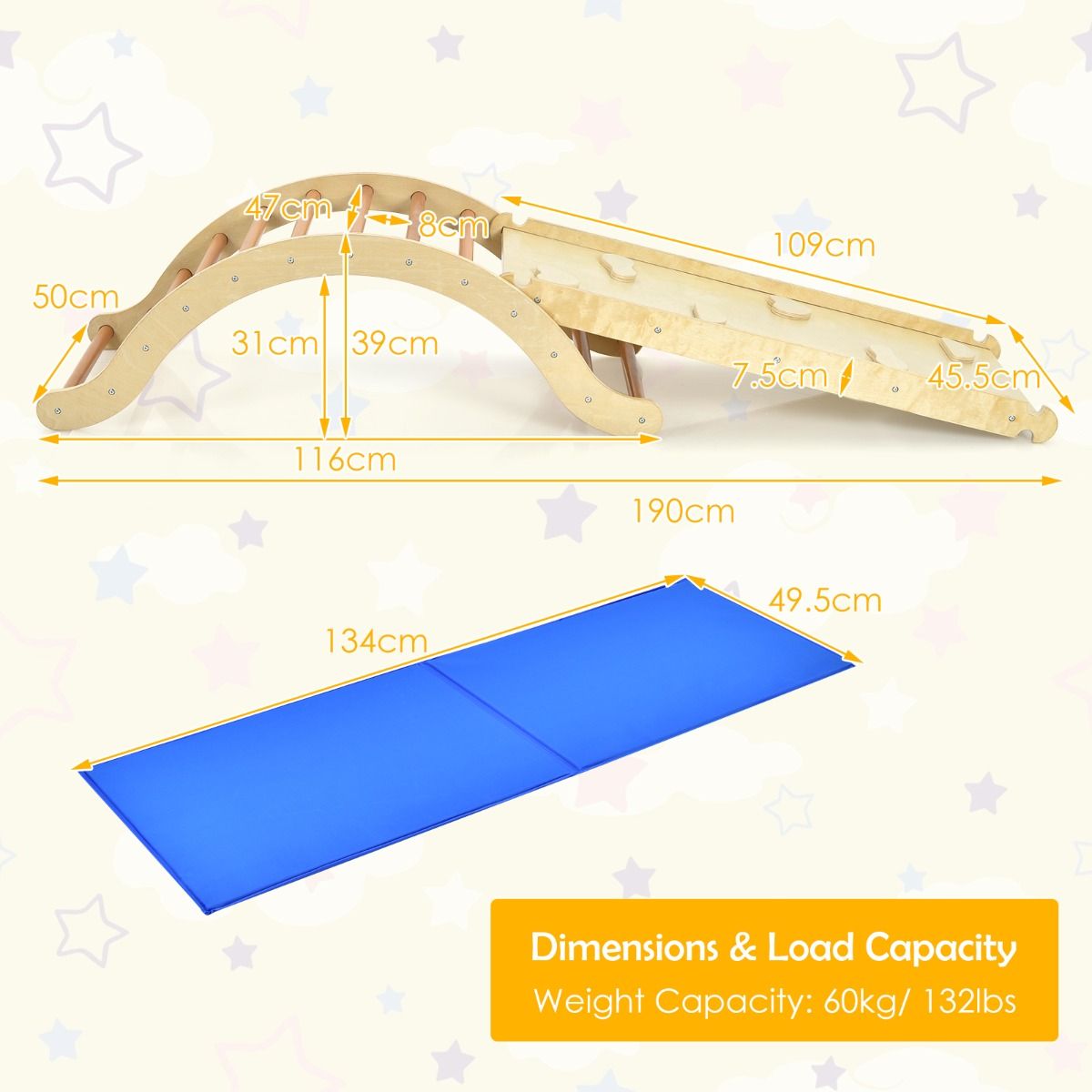 Ensemble d'échelle d'escalade 3-en-1 Coast pour enfants - Arche avec rampe d'escalade et balancelle - naturel + bleu