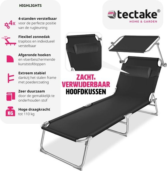 Tectake - Bain de soleil - Structure en acier avec toit coulissant - robuste, dossier réglable en 4 positions avec coussin - Idéal pour jardin, piscine, camping - Noir