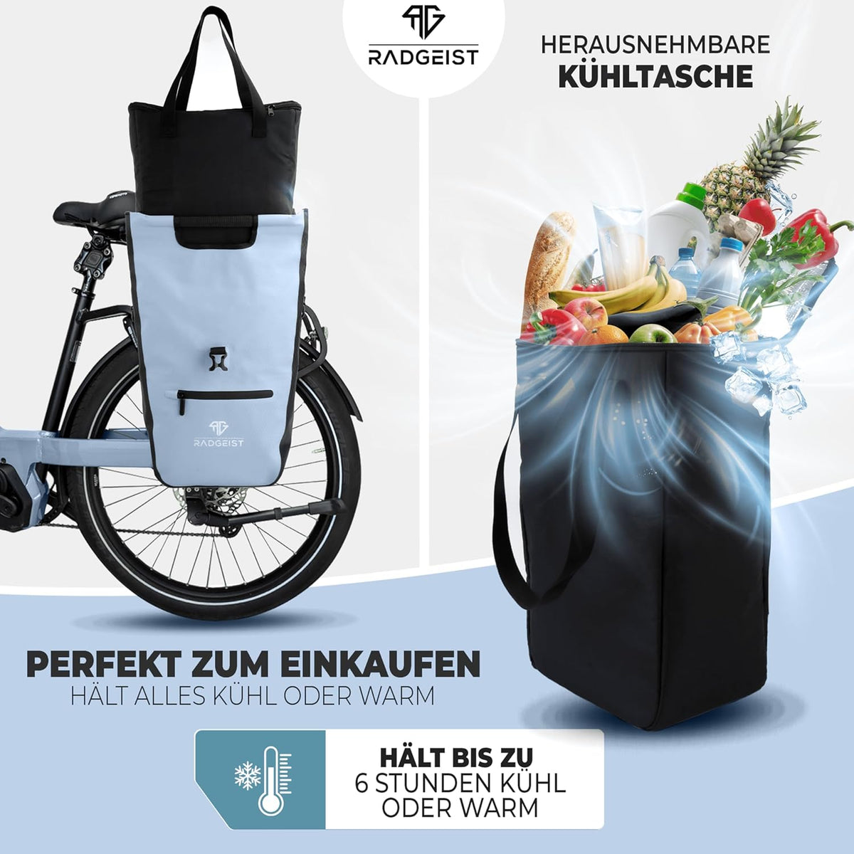 RADGEIST sacoche vélo pour porteur I sacoche vélo shopper avec sac isotherme amovible I sac shopping & sac shopping 22-28 litres - bleu