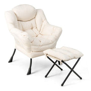 Fauteuil confortable avec tabouret - Coussin inclus - Fauteuil relax de luxe avec accoudoirs pour le salon, la chambre ou le bureau - Blanc