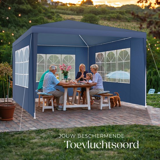 tectake® Pavillon - avec armature renforcée - Tente de réception 3x3 m - Bâche imperméable - Panneaux latéraux amovibles - Pavillon de jardin résistant aux intempéries - Lignes de tension et piquets inclus - Bleu - Tente pliante pop-up