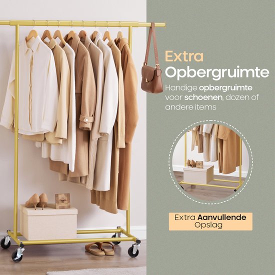 O'DADDY® Porte-vêtements sur roulettes - Porte-vêtements - Porte-vêtements réglable - Porte-vêtements extensible - Stable jusqu'à 90 kg - Porte-vêtements de rangement - Doré - 160 cm